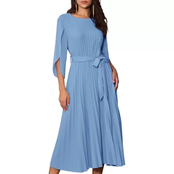 GRACE KARIN Womens 2023 Pleated Chiffon Flowy Dresses for Wedding Casual Midi Ruffle DressBlue Gray