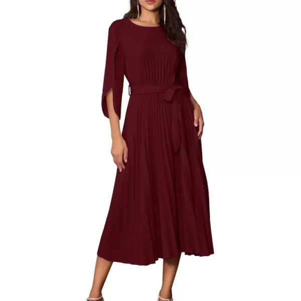 GRACE KARIN Womens 2023 Pleated Chiffon Flowy Dresses for Wedding Casual Midi Ruffle DressWine Red