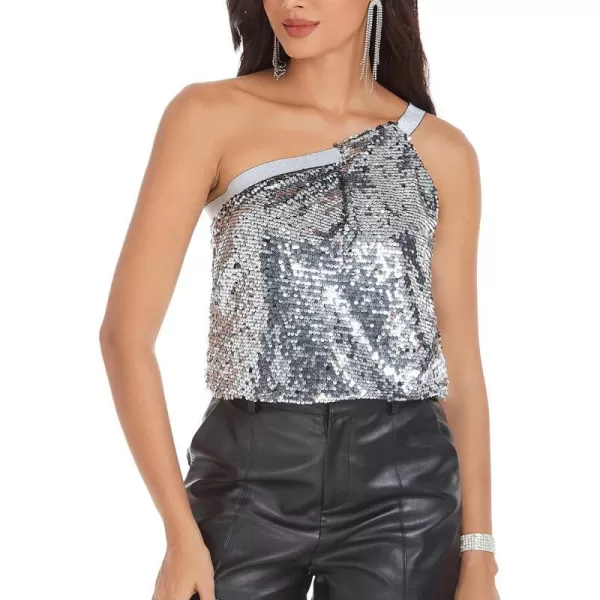 GRACE KARIN Womens 2023 Sequin One Shoulder Tank Tops Sleeveless Sparkly Glitter Camisole Vest Going Out Party CamisSilver