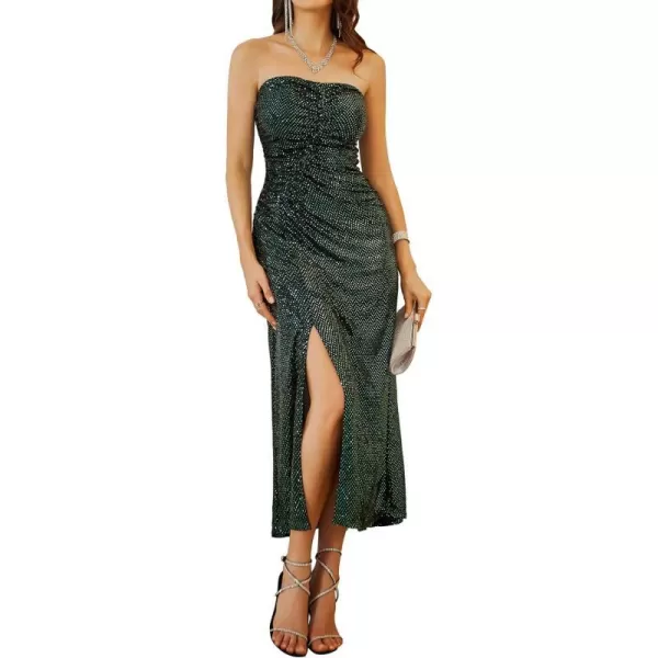 GRACE KARIN Womens 2023 Sequin Strapless Wedding Guest Dresses Ruched Formal Cocktail Split Maxi DressesGreen