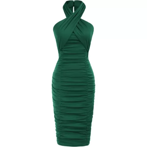 GRACE KARIN Womens 2023 Sexy Ruched Dress Criss Cross Halter Neck Bodycon Midi Party Cocktail DressesGreen