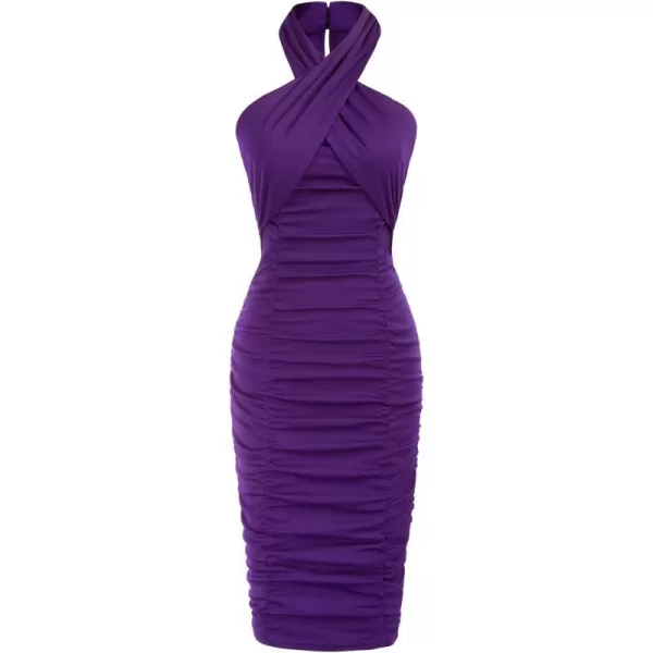 GRACE KARIN Womens 2023 Sexy Ruched Dress Criss Cross Halter Neck Bodycon Midi Party Cocktail DressesPurple