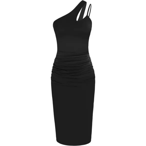 GRACE KARIN Womens 2023 Summer Bodycon Dress Cutout One Shoulder Sleeveless Ruched Cocktail Party Midi DressesBlack