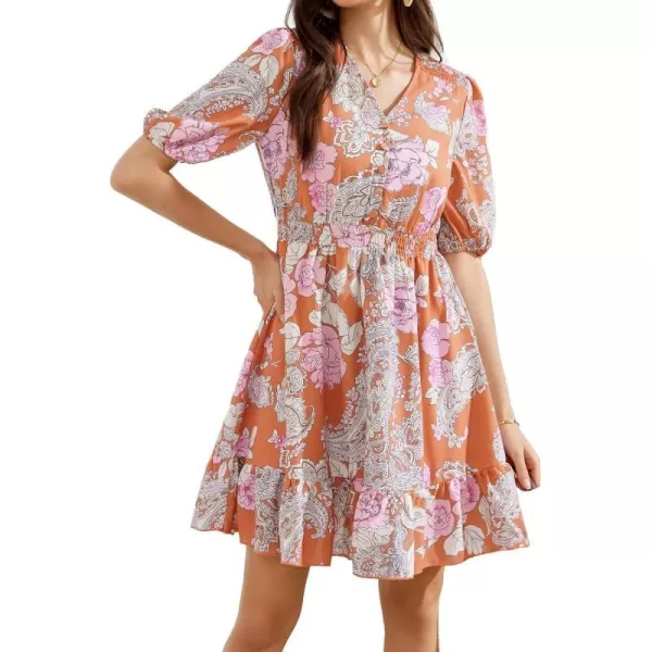 GRACE KARIN Womens 2024 Casual Dress Summer V Neck Short Sleeve Tiered Flowy Beach Dresses with ButtonOrange