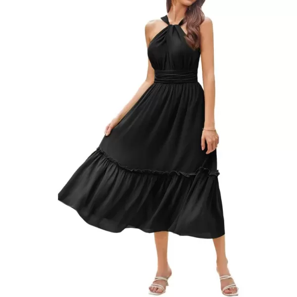 GRACE KARIN Womens 2024 Casual Summer Sleeveless Flowy Maxi Halter Neck Smocked Tiered Wedding Guest Beach Long DressesBlack