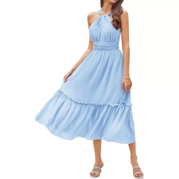 GRACE KARIN Womens 2024 Casual Summer Sleeveless Flowy Maxi Halter Neck Smocked Tiered Wedding Guest Beach Long DressesBlue