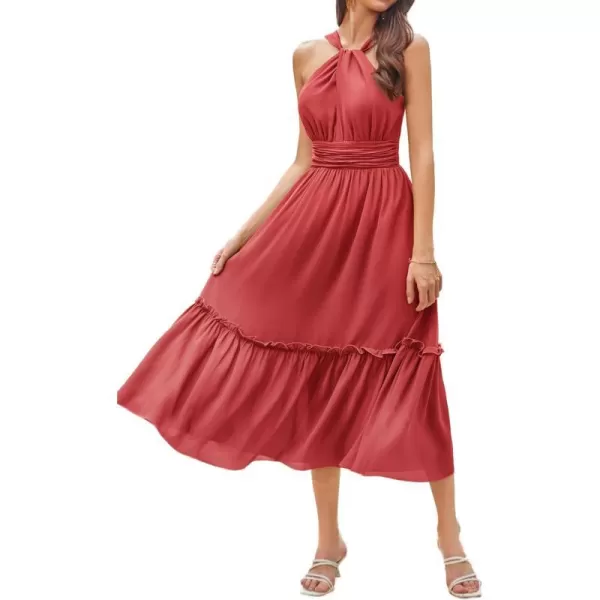 GRACE KARIN Womens 2024 Casual Summer Sleeveless Flowy Maxi Halter Neck Smocked Tiered Wedding Guest Beach Long DressesRed