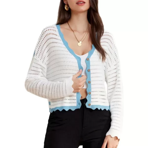 GRACE KARIN Womens 2024 Cropped Cardigan Lightweight Crochet Knit Sweater Back Striped HollowOut Bolero Shrug for DressesWhite  Blue Stripe