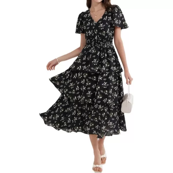 GRACE KARIN Womens 2024 Floral Summer Long Midi Dress V Neck Short Sleeve Ruffle Tiered Layered Boho Swing DressesBlack Floral