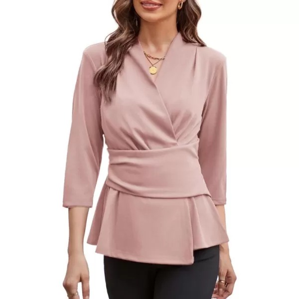 GRACE KARIN Womens 2024 Peplum Tops Dressy Wrap V Neck 34 Sleeve Work Blouse Solid Tie Waist Business Casual ShirtsPink