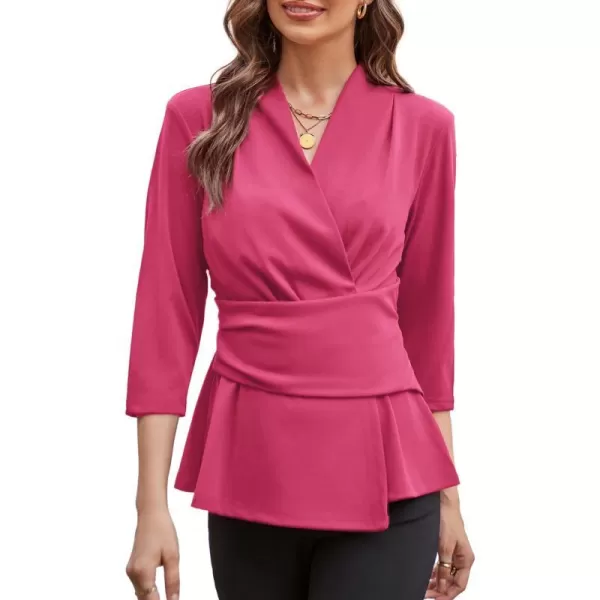 GRACE KARIN Womens 2024 Peplum Tops Dressy Wrap V Neck 34 Sleeve Work Blouse Solid Tie Waist Business Casual ShirtsRose Red