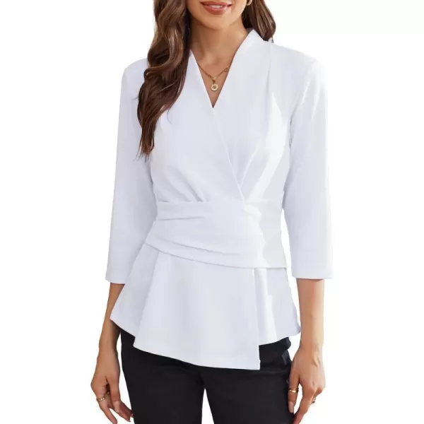 GRACE KARIN Womens 2024 Peplum Tops Dressy Wrap V Neck 34 Sleeve Work Blouse Solid Tie Waist Business Casual ShirtsWhite