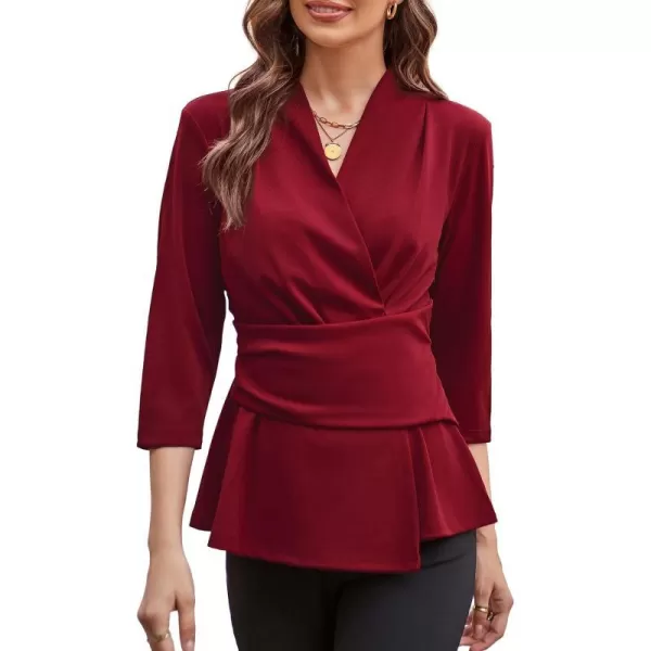 GRACE KARIN Womens 2024 Peplum Tops Dressy Wrap V Neck 34 Sleeve Work Blouse Solid Tie Waist Business Casual ShirtsWine Red