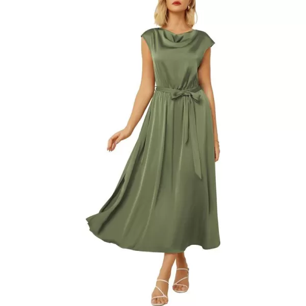 GRACE KARIN Womens 2024 Satin Midi Dress Summer Cap Sleeve Cowl Neck Belted Slit Elegant ALine Flowy Dress with PocketsArmy Green