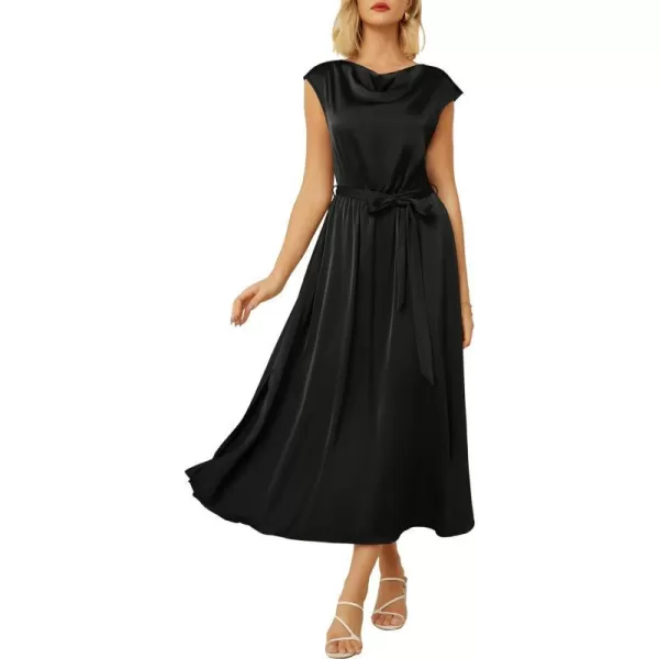 GRACE KARIN Womens 2024 Satin Midi Dress Summer Cap Sleeve Cowl Neck Belted Slit Elegant ALine Flowy Dress with PocketsBlack