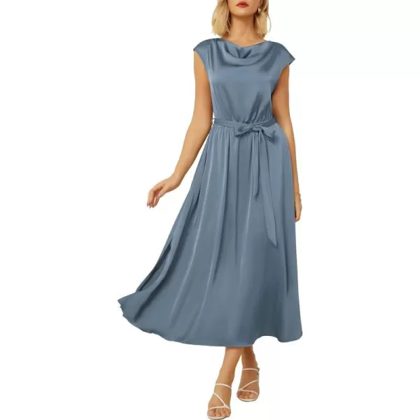 GRACE KARIN Womens 2024 Satin Midi Dress Summer Cap Sleeve Cowl Neck Belted Slit Elegant ALine Flowy Dress with PocketsBlue