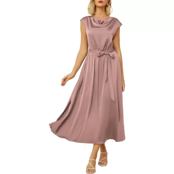 GRACE KARIN Womens 2024 Satin Midi Dress Summer Cap Sleeve Cowl Neck Belted Slit Elegant ALine Flowy Dress with PocketsPink