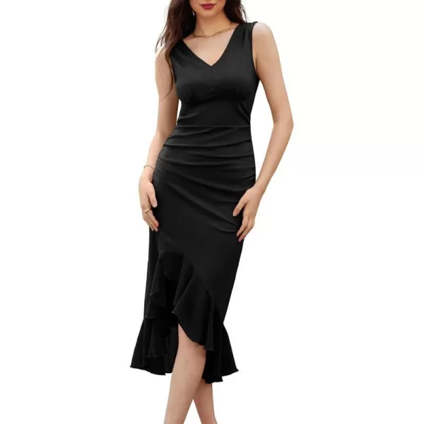 GRACE KARIN Womens 2024 Sleeveless V Neck Bodycon Dress Ruched Elegant Mermaid Slit Cocktail Party Midi DressBlack