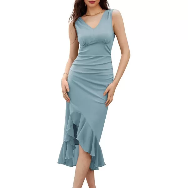 GRACE KARIN Womens 2024 Sleeveless V Neck Bodycon Dress Ruched Elegant Mermaid Slit Cocktail Party Midi DressLight Blue