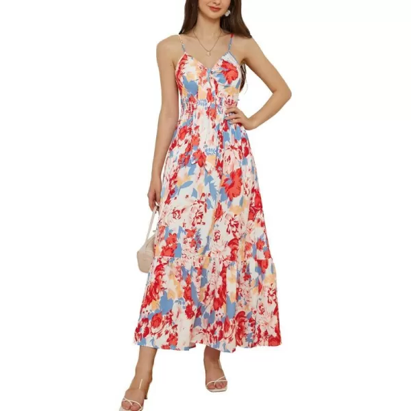 GRACE KARIN Womens 2024 Summer Beach Dress Floral V Neck Tie Front Spaghetti Strap Flowy Long Dress Boho Maxi DressBlue Red Floral