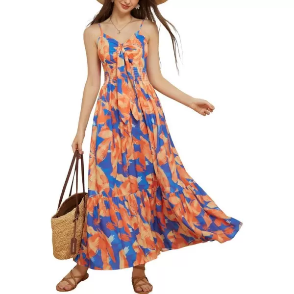 GRACE KARIN Womens 2024 Summer Beach Dress Floral V Neck Tie Front Spaghetti Strap Flowy Long Dress Boho Maxi DressOrange Blue Floral