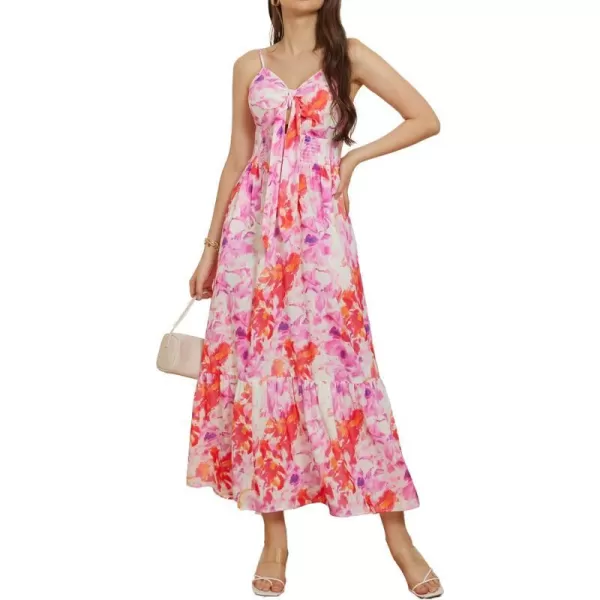 GRACE KARIN Womens 2024 Summer Beach Dress Floral V Neck Tie Front Spaghetti Strap Flowy Long Dress Boho Maxi DressRed Purple Floral