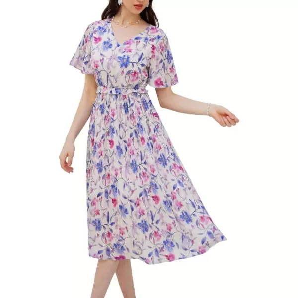 GRACE KARIN Womens 2024 Summer Boho Floral Dress Casual V Neck Short Flutter Sleeve Dress Flowy Pleated Beach DressBlue Floral