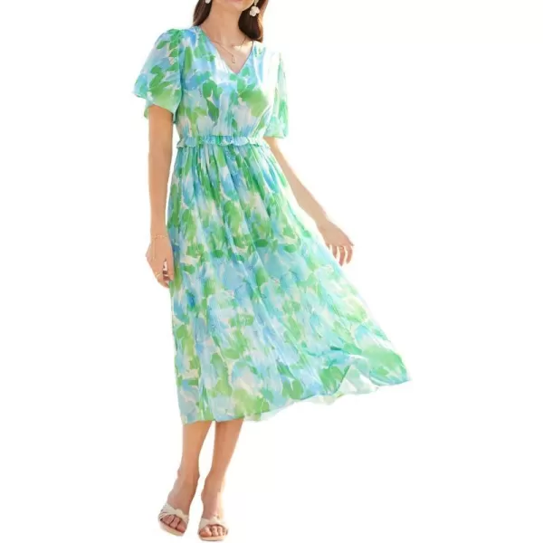 GRACE KARIN Womens 2024 Summer Boho Floral Dress Casual V Neck Short Flutter Sleeve Dress Flowy Pleated Beach DressGreen Floral