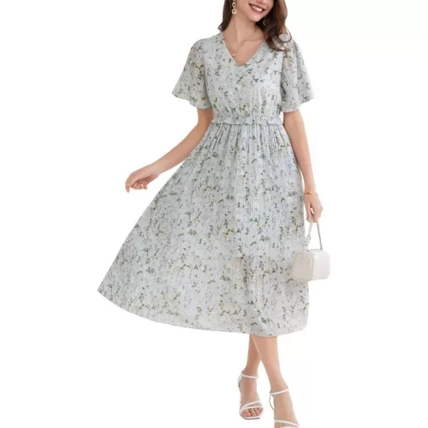 GRACE KARIN Womens 2024 Summer Boho Floral Dress Casual V Neck Short Flutter Sleeve Dress Flowy Pleated Beach DressWhite Floral