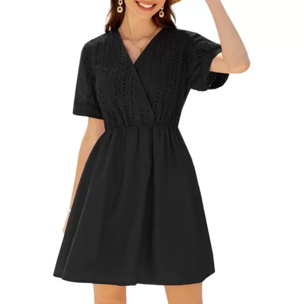 GRACE KARIN Womens 2024 Summer Dresses Wrap V Neck Puff Sleeve Elastic Waist Casual A Line Wedding Short Mini DressBlack