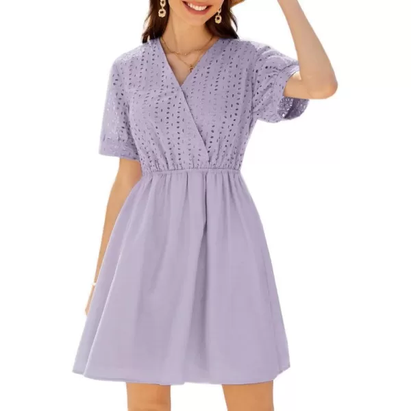 GRACE KARIN Womens 2024 Summer Dresses Wrap V Neck Puff Sleeve Elastic Waist Casual A Line Wedding Short Mini DressLight Purple