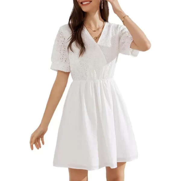 GRACE KARIN Womens 2024 Summer Dresses Wrap V Neck Puff Sleeve Elastic Waist Casual A Line Wedding Short Mini DressWhite