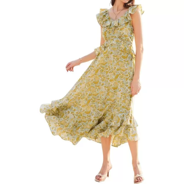 GRACE KARIN Womens 2024 Summer Floral Casual Sleeveless V Neck Ruffle Layered Beach ALine Boho Flowy Maxi DressesFloral Yellow