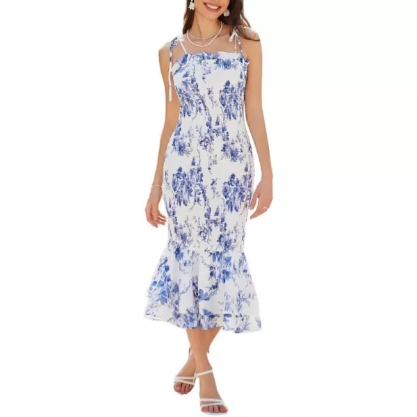 GRACE KARIN Womens 2024 Summer Floral Smocked Sundress Midi Bodycon Sleeveless Ruffle Hem Casual DressWhite Blue Floral