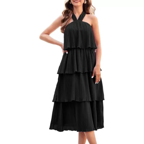 GRACE KARIN Womens 2024 Summer Halter Neck Sleeveless Dress Ruffle Tiered Layered Flowy Dresses Boho Beach Maxi DressBlack