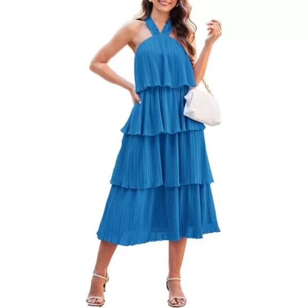 GRACE KARIN Womens 2024 Summer Halter Neck Sleeveless Dress Ruffle Tiered Layered Flowy Dresses Boho Beach Maxi DressPeacock Blue