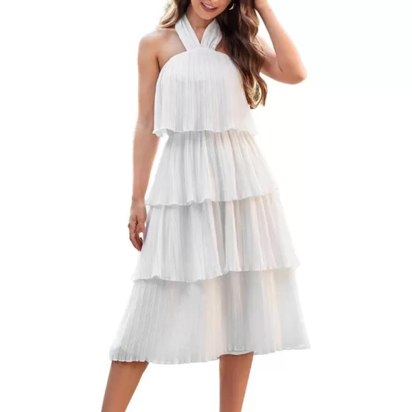 GRACE KARIN Womens 2024 Summer Halter Neck Sleeveless Dress Ruffle Tiered Layered Flowy Dresses Boho Beach Maxi DressWhite