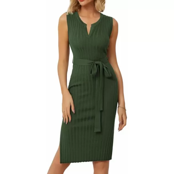 GRACE KARIN Womens 2024 Summer Knitted Sweater Dress V Neck Sleeveless Ribbed Side Slit Bodycon Midi Dresses with BeltArmy Green