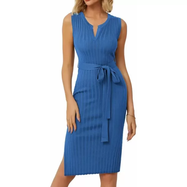 GRACE KARIN Womens 2024 Summer Knitted Sweater Dress V Neck Sleeveless Ribbed Side Slit Bodycon Midi Dresses with BeltBlue