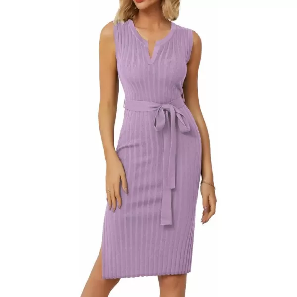 GRACE KARIN Womens 2024 Summer Knitted Sweater Dress V Neck Sleeveless Ribbed Side Slit Bodycon Midi Dresses with BeltPurple