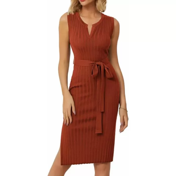 GRACE KARIN Womens 2024 Summer Knitted Sweater Dress V Neck Sleeveless Ribbed Side Slit Bodycon Midi Dresses with BeltRed Brown