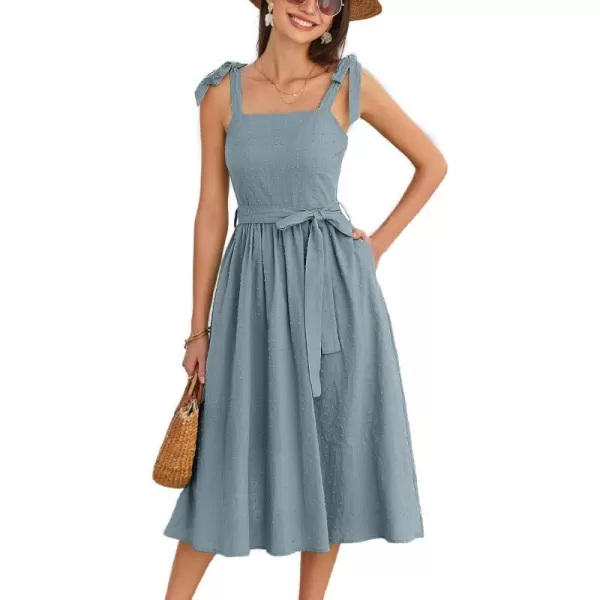 GRACE KARIN Womens 2024 Summer Midi Dress Casual Sleeveless Spaghetti Strap Smocked A Line Long Beach Sun DressGray Blue