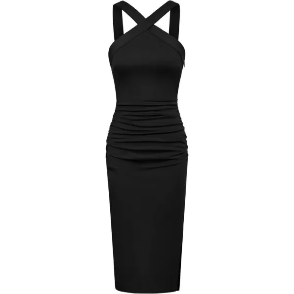 GRACE KARIN Womens 2024 Summer Sleeveless Halter Neck Dress Ruched Bodycon Slit Formal Cocktail Party Midi DressBlack