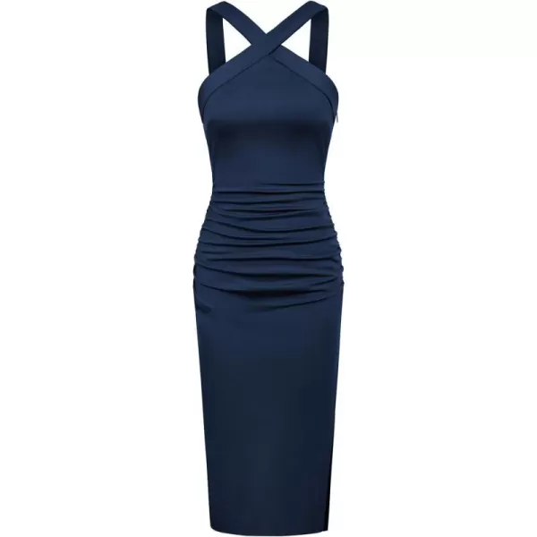 GRACE KARIN Womens 2024 Summer Sleeveless Halter Neck Dress Ruched Bodycon Slit Formal Cocktail Party Midi DressNavy