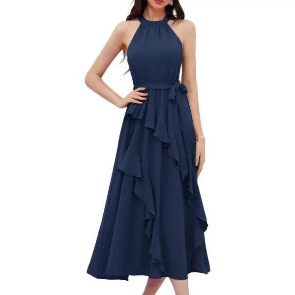 GRACE KARIN Womens 2024 Summer Sleeveless Halter Neck Ruffle Hem Split Flowy Swing Long Midi Dress with BeltNavy