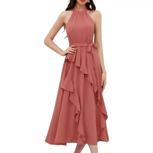 GRACE KARIN Womens 2024 Summer Sleeveless Halter Neck Ruffle Hem Split Flowy Swing Long Midi Dress with BeltPink