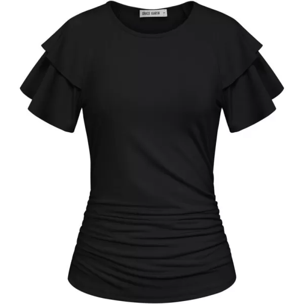 GRACE KARIN Womens 2024 Summer Tops Ruffle Sleeve Basic T Shirts Dressy Casual Ruched Work BlousesBlack