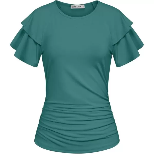 GRACE KARIN Womens 2024 Summer Tops Ruffle Sleeve Basic T Shirts Dressy Casual Ruched Work BlousesBlue Green