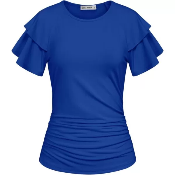 GRACE KARIN Womens 2024 Summer Tops Ruffle Sleeve Basic T Shirts Dressy Casual Ruched Work BlousesRoyal Blue