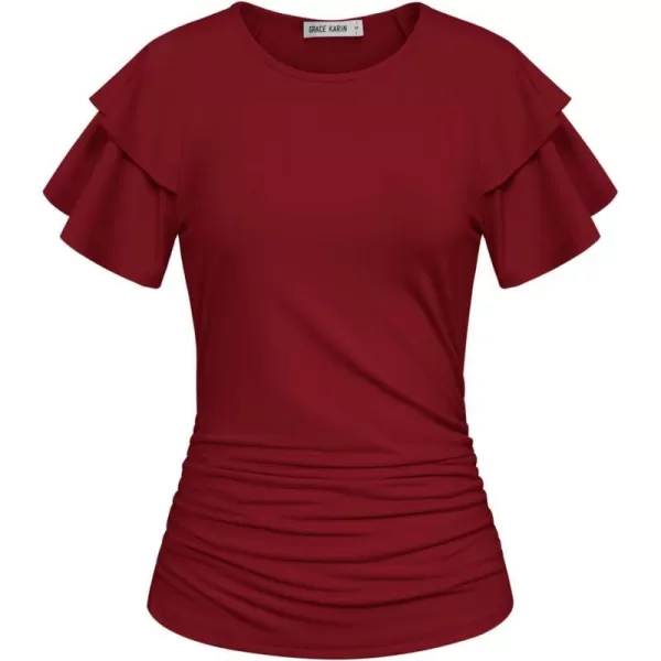 GRACE KARIN Womens 2024 Summer Tops Ruffle Sleeve Basic T Shirts Dressy Casual Ruched Work BlousesWine Red